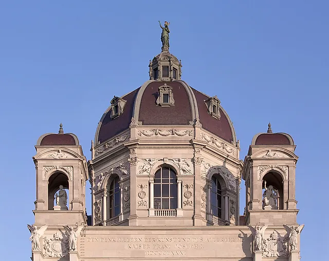 The dome of the Kunsthistorisches Museum in Vienna against a blue sky