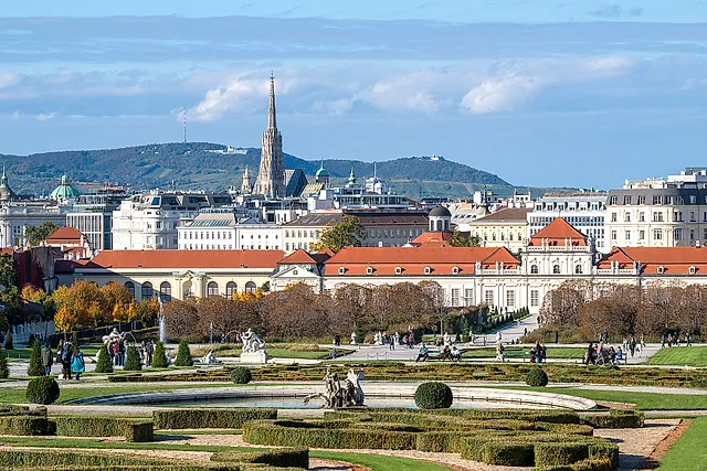 The Belvedere gardens with the Lower Belvedere and the city of Vienna behind